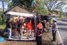 Jalur Sekincau Kembali Telan Korban:  Truk Fuso Terbalik di Jalan Menurun 
